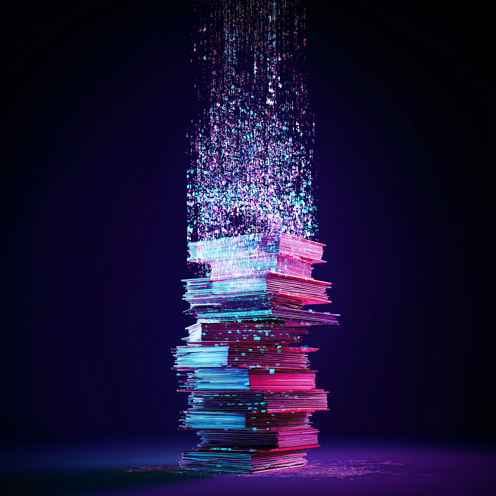 3D visualization of stacked books with digital effects